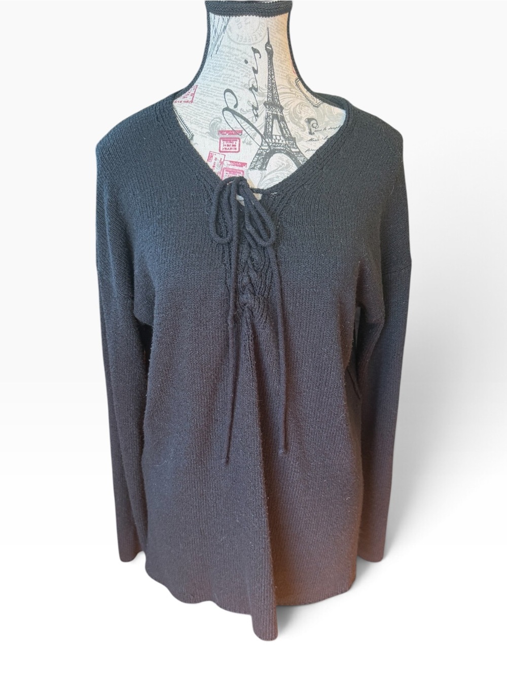ASTR The Label Black Lace Up V Neck Knit Tunic Sweater Size XL